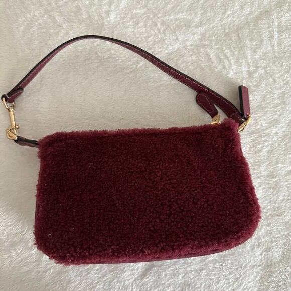 Coach Shearling Fur Shoulder Bag Burgundy Wine Leather Mini Y2K Cozy Chic - Picture 3 of 15